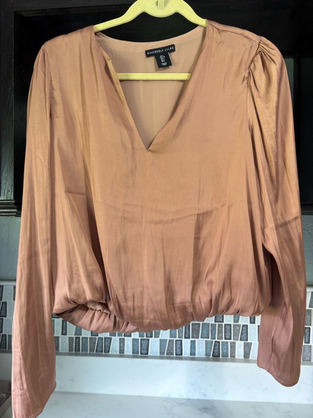Sincerly Jules Satin-Look V-Neck Blouse in Dusty Rose Mauve